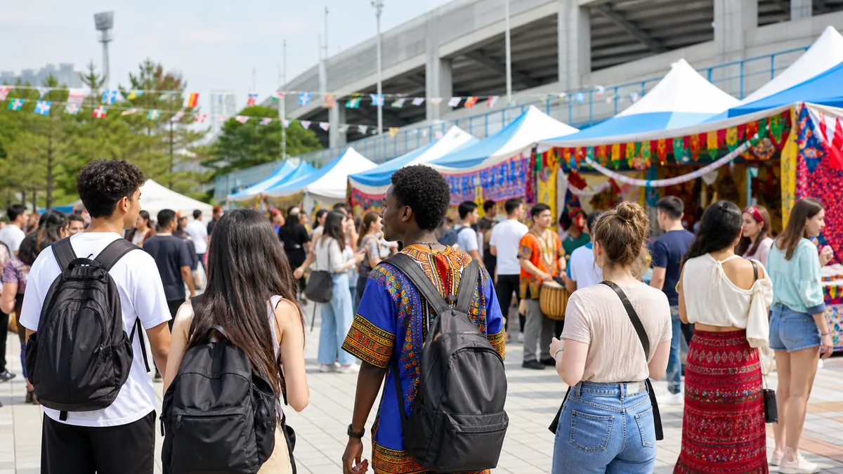 International students walking through a colorful outdoor festival in Busan
