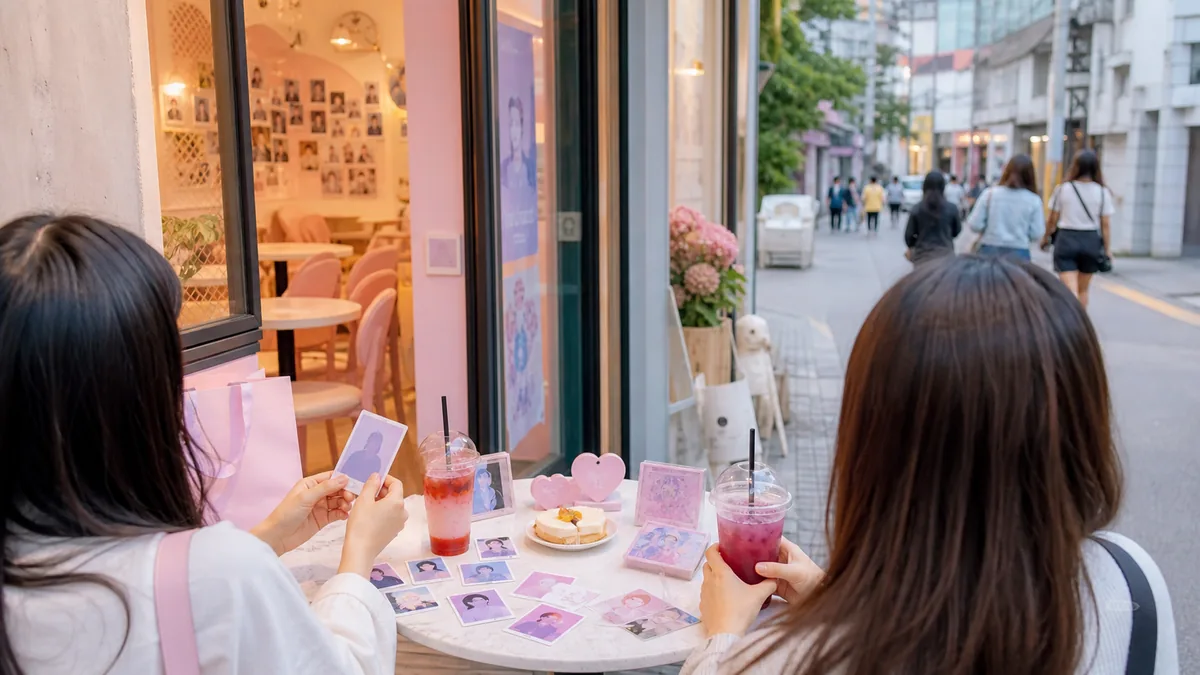 K-pop fan cafe table in Seoul with drinks and fan event decorations