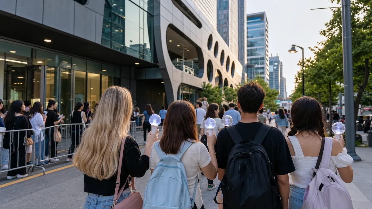 K-pop fans walking near a Seoul broadcast studio with lightsticks